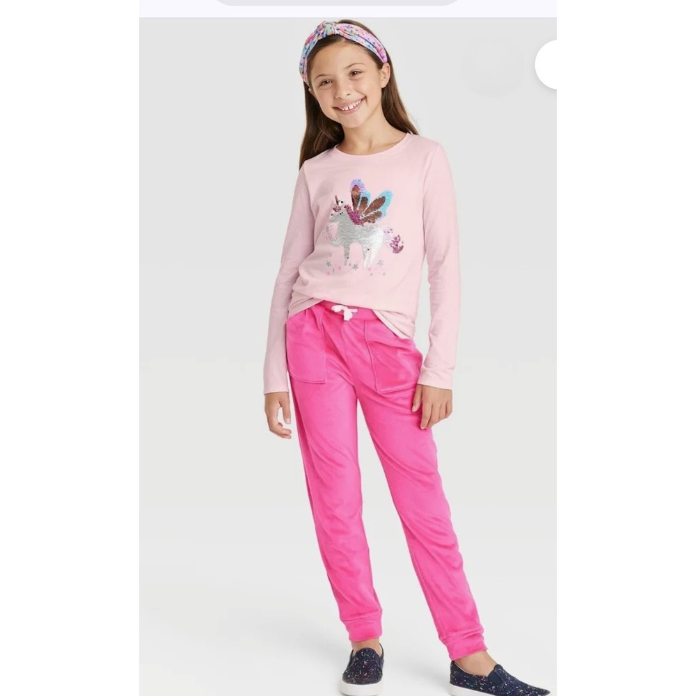 Cat & Jack Girls Pink Sequin Unicorn Butterfly Long Sleeve Graphic Tee L 10/12